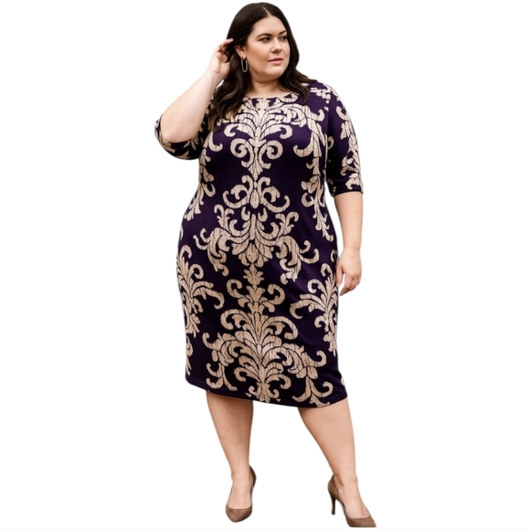 Connected Apparel Women's Plus Purple Tan Dress Sheath Midi Knit Dress 22W - Picture 1 of 5